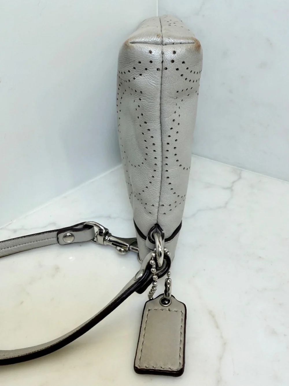 Coach Pearl Grey Perforated Logo Insignia Leather Wristlet F45561